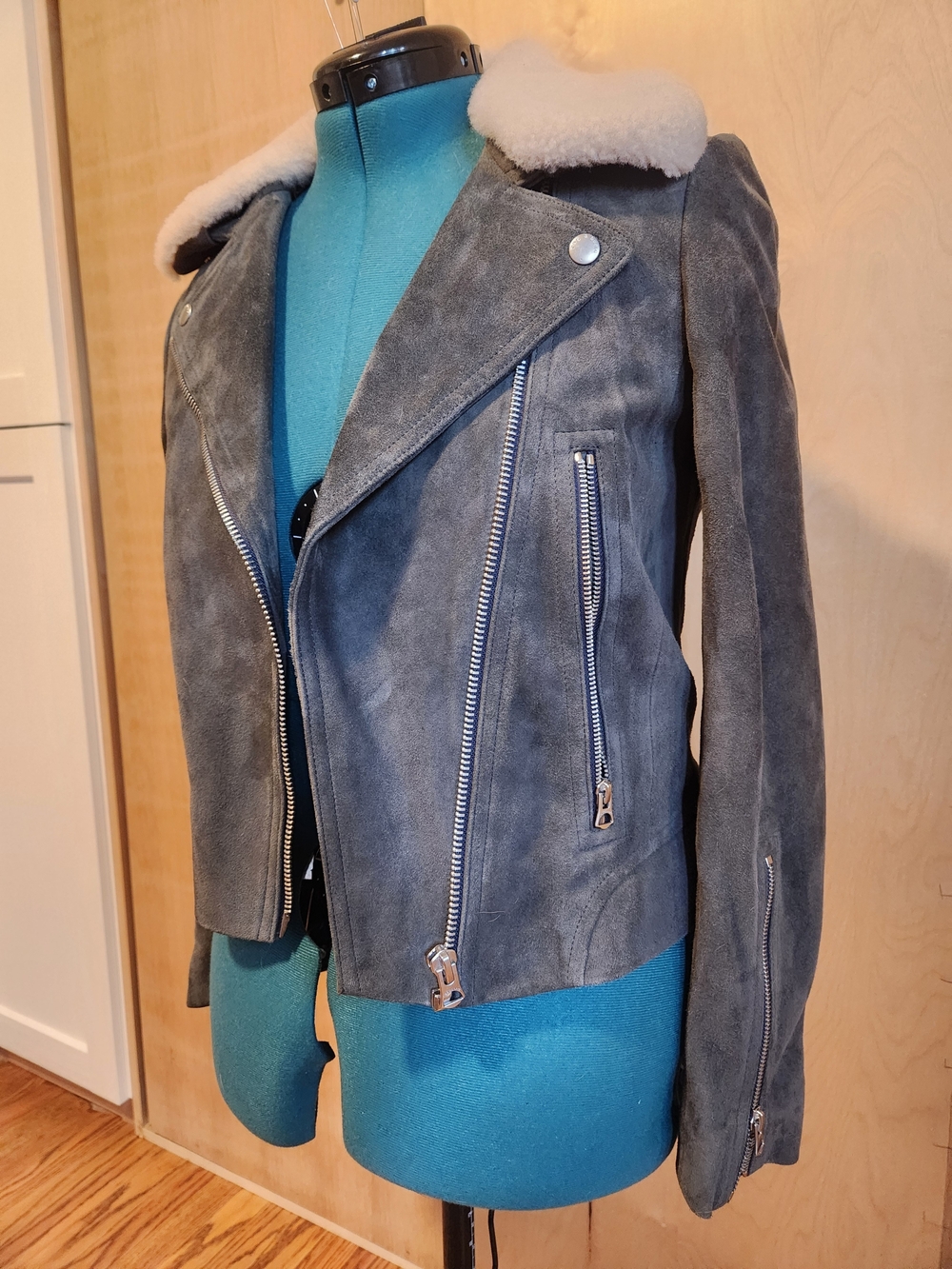 rag & bone Mack Gray Suede Shearling-Collar Moto Jacket
